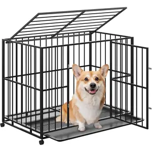 36/42/48 Inch Heavy Duty Dog Crate for Small Sized Dogs, Indestructible Stainless Steel Escape Proof Dog Kennel Indoor with Lockable Wheels and Removable Tray, Stackable Dog Cage for High Anxiety Dogs wooden house modern  dog kennel Furniture