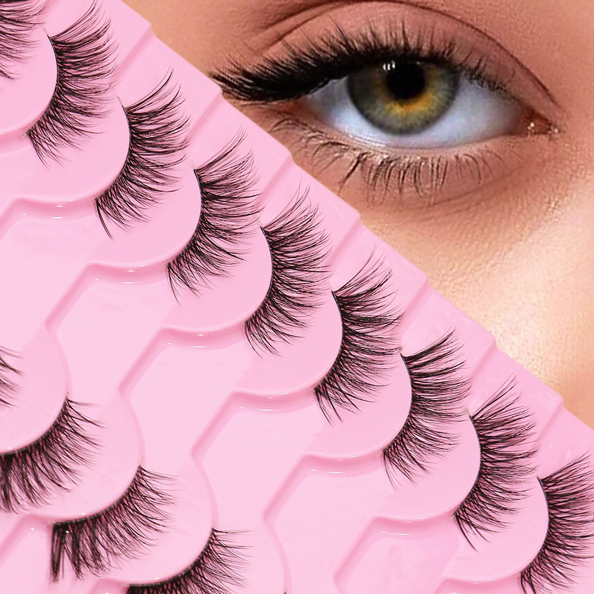 5/2/1 box (10 pairs): natural lengthening DIY clear false eyelashes—natural curl, thin and long outer lashes, soft crisscross lash style for the outer corner of the eyes.