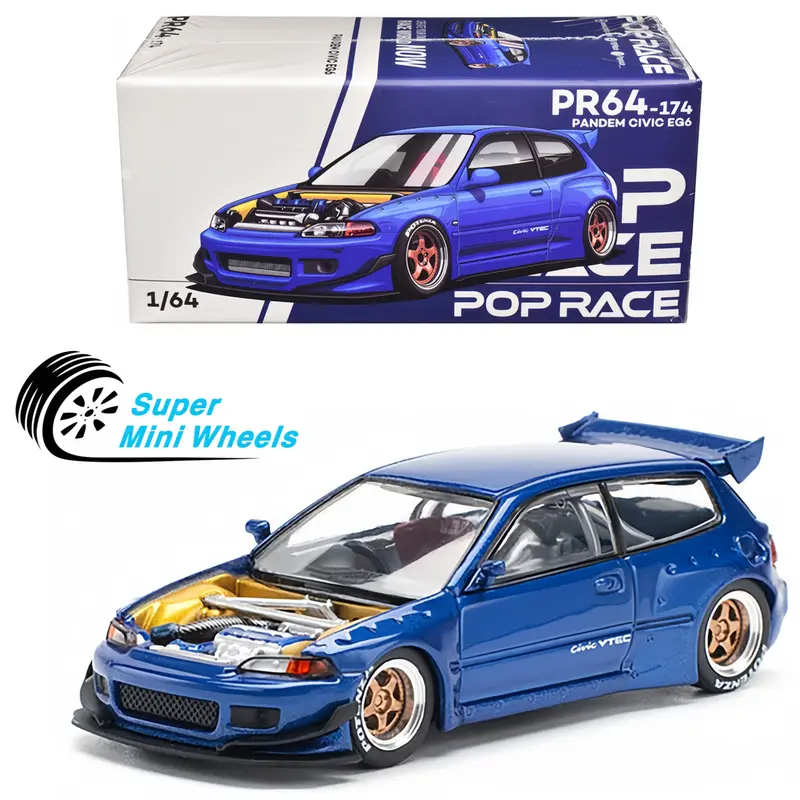 Pop Race 1:64 Pandem Civic EG6 VTEC RHD Blue Metallic with No Hood #174