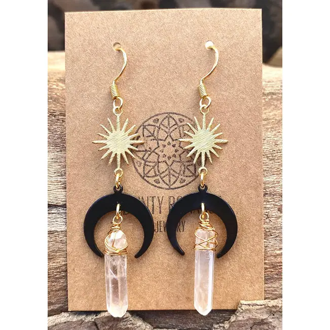 Sun and Moon Natural Clear Quartz Aura Crystal Earrings