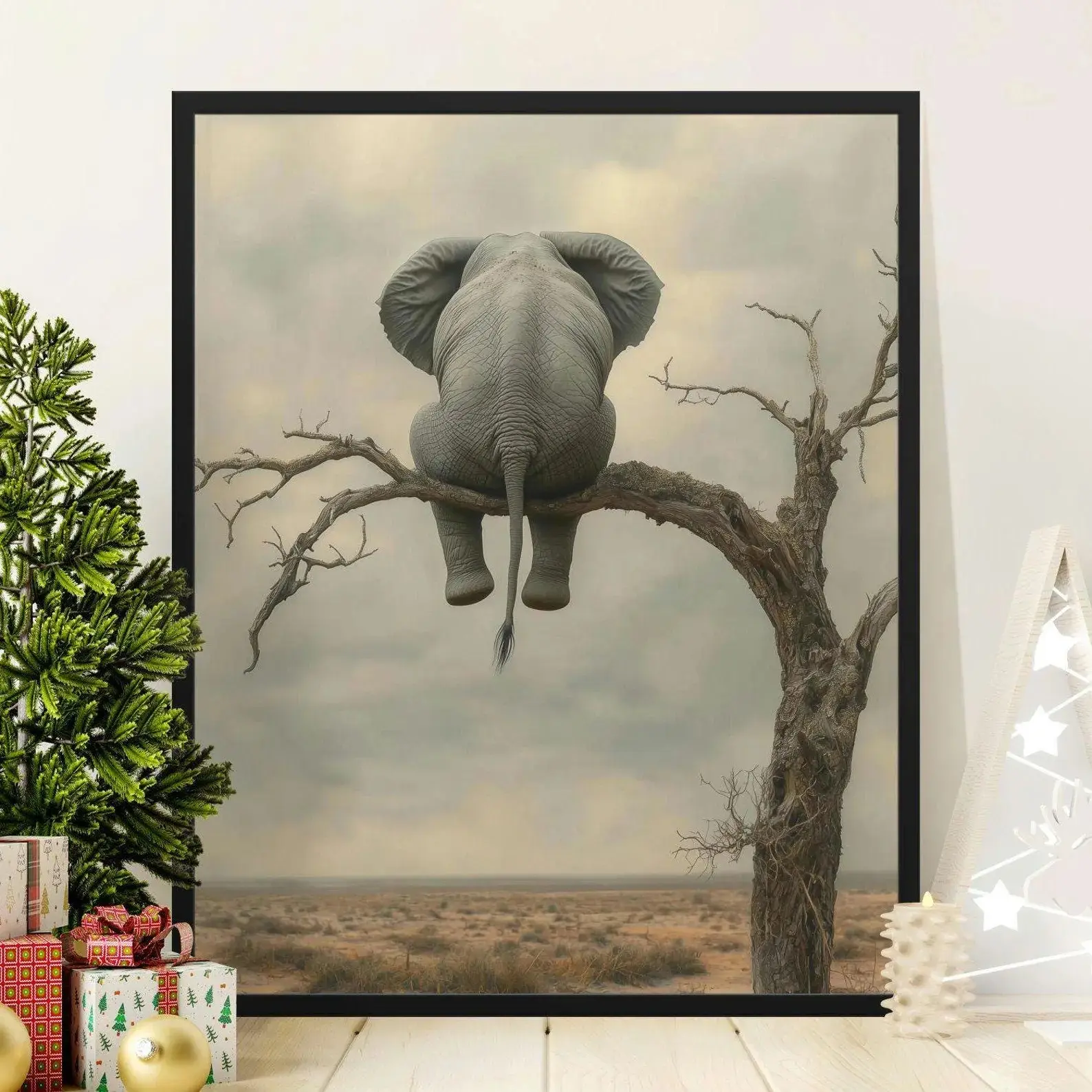 Elephant Sitting on Tree Poster, Animal Art Print, Unique Wildlife Decor, Funny Wall Art, Nature Humor, Quirky Elephant Poster