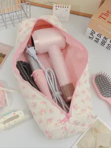 Quilted Bow Curling Iron Storage Bag, Portable Travel Hair Tool Organizer, Durable & Stylish Design, Ideal for Curling Irons & Other Hair Care Essentials, Travel Organization Pouch