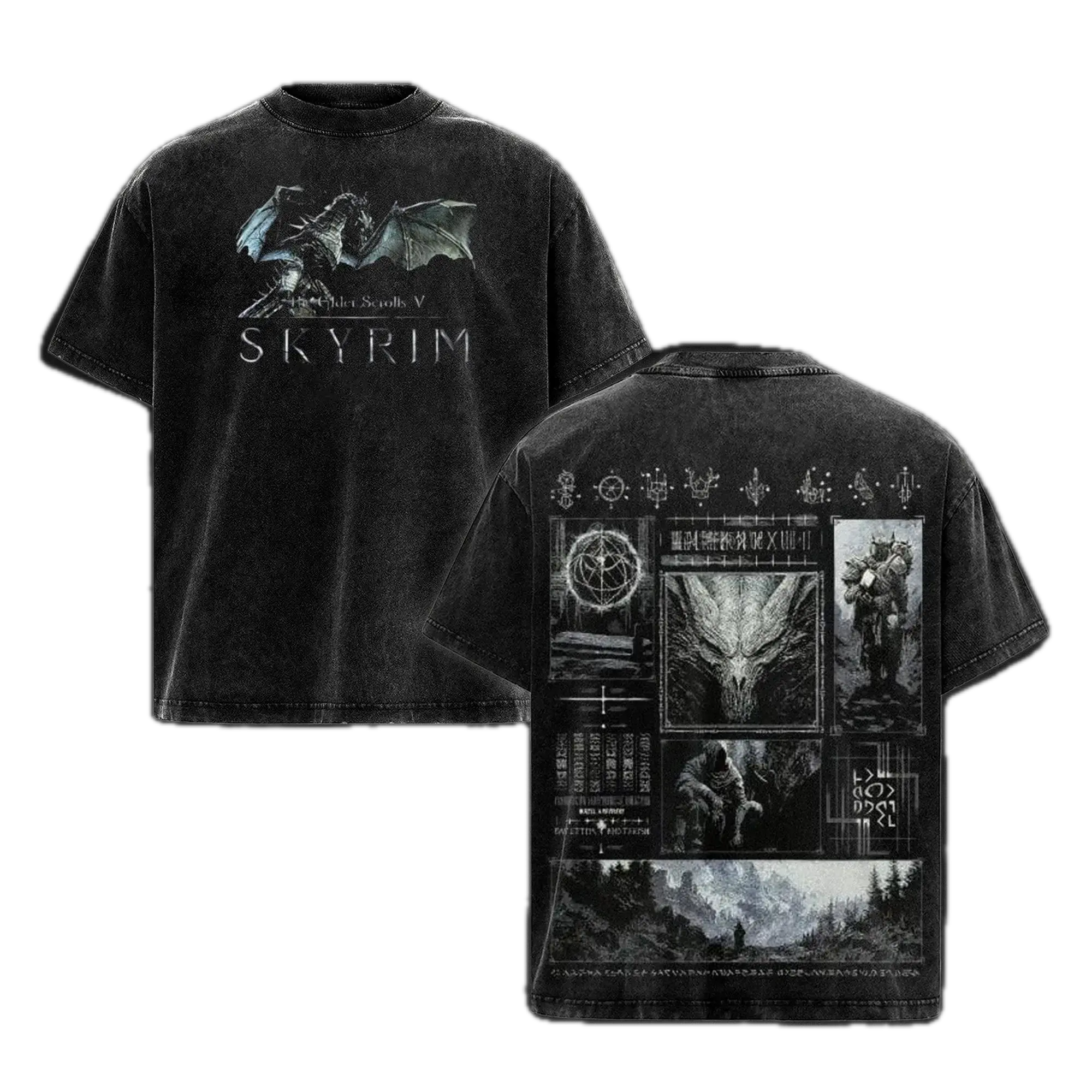The Elder Scrolls V Graphic Shirt Skyrim Dragonborn Panels Vintage Washed Oversized T-Shirt Dark Fantasy Streetwear Y2K Merch Tee for Game Fans
