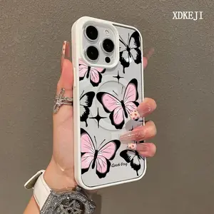 Black Powder Butterfly Pattern Premium Magnetic Phone Cases for iPhone 17 Air 16 15 14 Pro Max 13 12 11 Plus Smartphone Shockproof Protection Acrylic Cover Cellphone Protective magsafe magnetic case Aesthetic Resistance Casing Protector