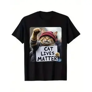 Men's Short-Sleeve Round Neck T-Shirt - Menswear, Funny Cat Graphic, Geometric Design, Breathable Stretchy Fast-Drying Fabric, Seamless Active T-Shirt, Casual Fit Streetwear Sweat, for Casual Sports, Outdoor Wear