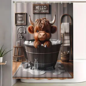 Highland Cow Bathroom Set, Cute Bath Curtain, Shower Curtain Set, Includes Toilet Mat & U-Shaped Pad, Elegant Home Decor, Perfect Gift for Friends and Family