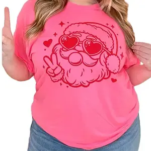 Magic Puff Bubble Gum Christmas Santa Graphic T-Shirt - 100% Cotton Safety Pink Top with 3D Hearts & Sparkle Shapes for All Seasons Women'swear