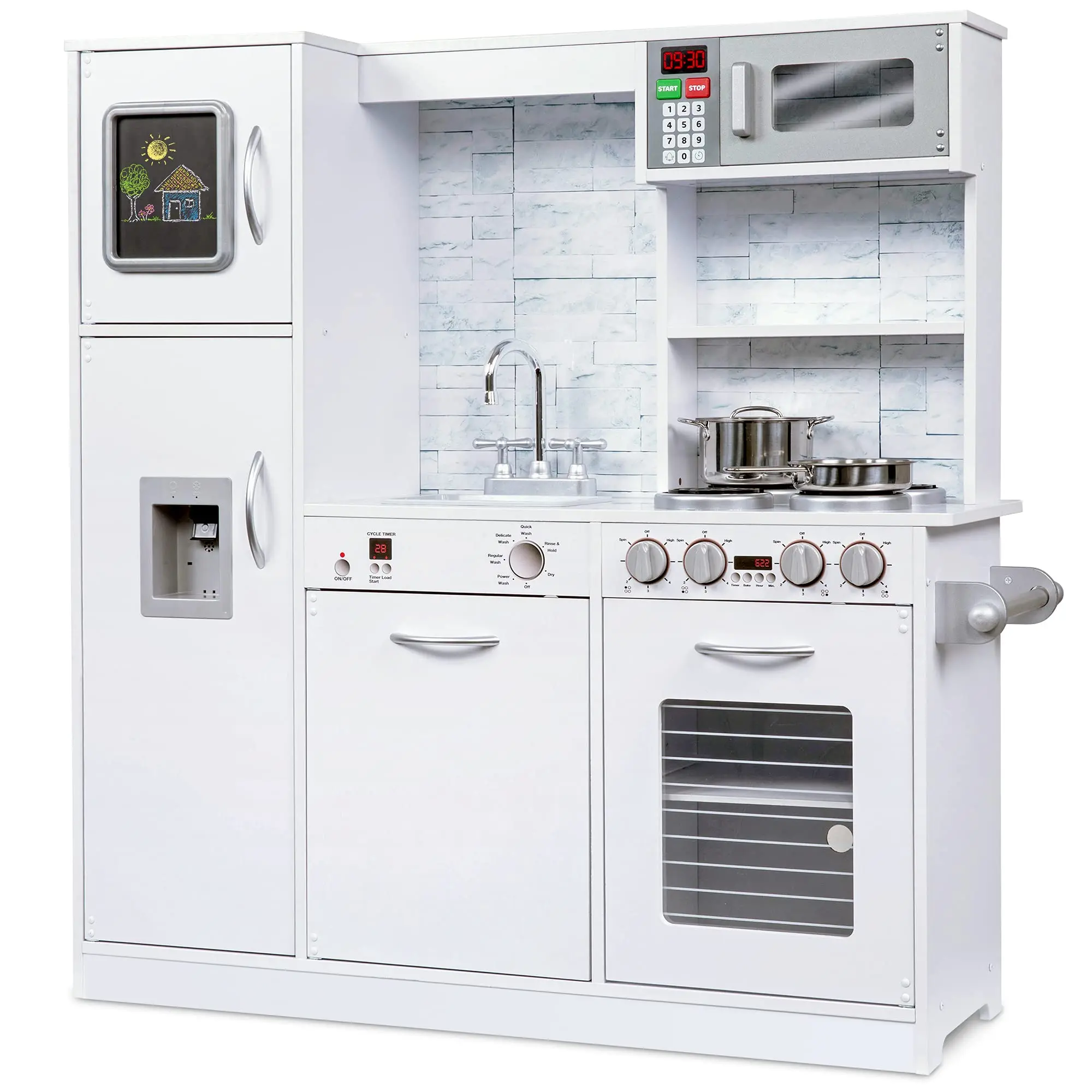 Lil' Jumbl Kids Kitchen Set, Pretend Wooden Play Kitchen, Battery Operated Icemaker & Microwave with Realistic Sound, Pots & Pan Included - White