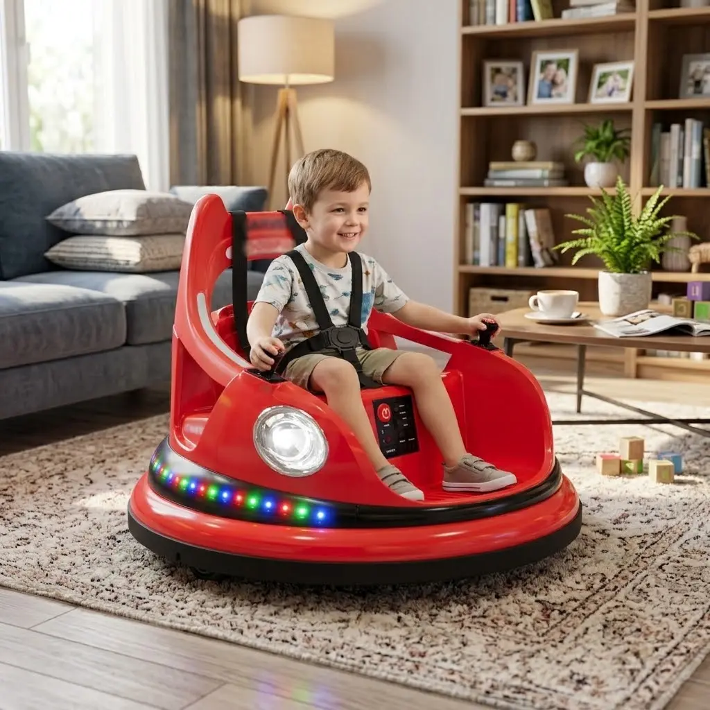 12V Electric Bumper Car for Toddlers & Kids – 2-Speed Ride-On Toy, 360° Spin, Parent Remote Control, LED Lights, Music, Anti-Collision, 5-Point Safety Belt – Ages 1-8