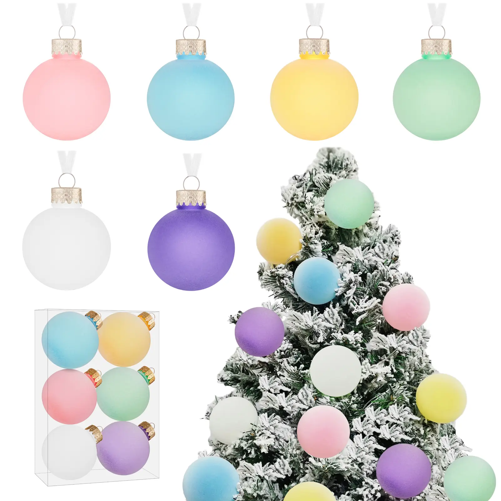 6 Pcs 2.36" Pastel Christmas Decorations Ornaments Rainbow Colorful Velvet Frosted Balls Set for Easter Christmas Tree Birch Tree Table Centerpiece Garland, Indoor Home Office Candy Land Party Decor