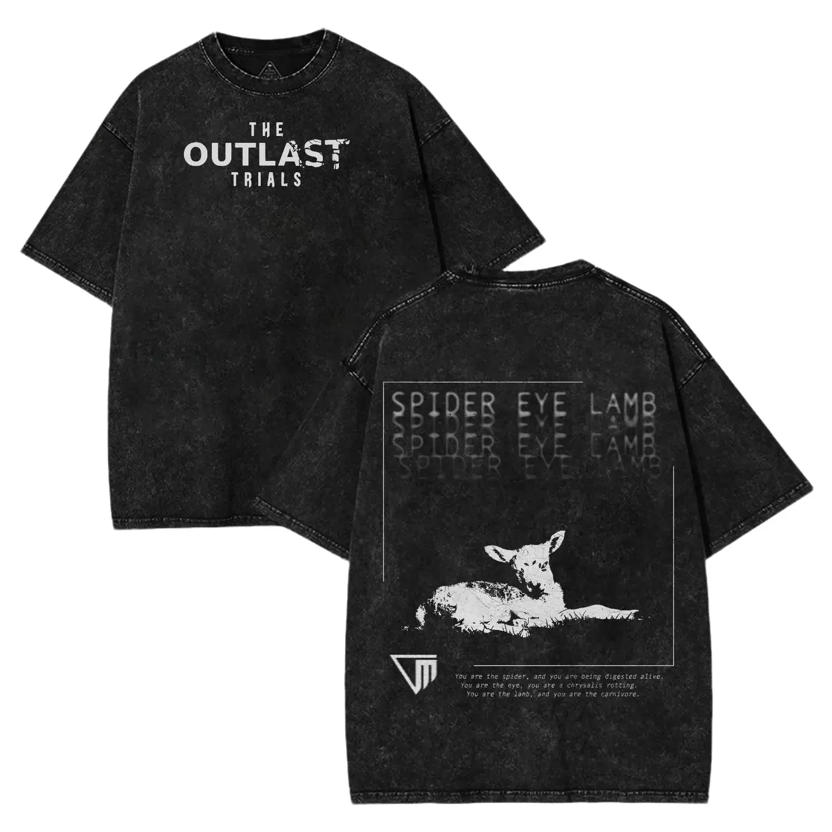 Retro Outlast Trials Spider Eye Lamb Graphic T-Shirt, Unisex Washed 100% Cotton Horror Game Tee with Micro Elastic, Shortsleeve, Round Neck, Fashion Apparel, Wash Effect