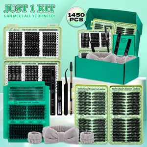 1450/640/460/350 PCS Lash Clusters Kit, Diy Lash Kit, D Curl 11 Styles Cat/Volume/Spikes/3D Effect Eyelash Extension Lashes Kit with Bond&Seal Lash Remover Brush Lash Applicator Headband Wristband set, for Beginners&Proficient, Easy Apply for Makeup Daily