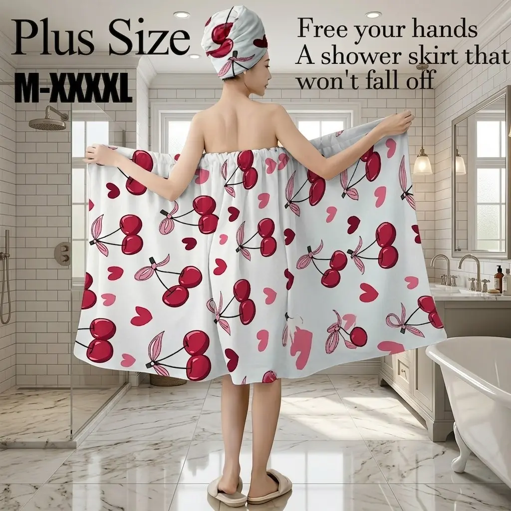 Plus Size M-XXXXL Cute Cherry & Pink Heart Print Bath Wrap Skirt & Hair Towel Set, Non-Slip Adjustable Shower Skirt for Bathroom, Spa, Bridal Shower, Valentine's Day Gift