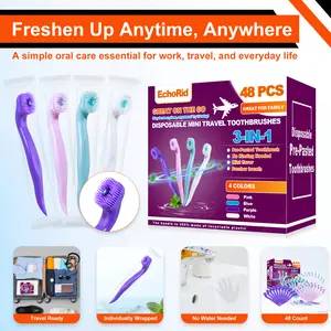 48 Count Disposable Travel Toothbrushes 3-in-1 Pre-Pasted Mini Toothbrush with Toothpick & Floss, No Water Needed, Individually Wrapped Ready-to-Go Oral Care Kit, Mint Flavor Fresh Breath On the Go, Perfect for Travel, Work, Camping, Dates & Family Use