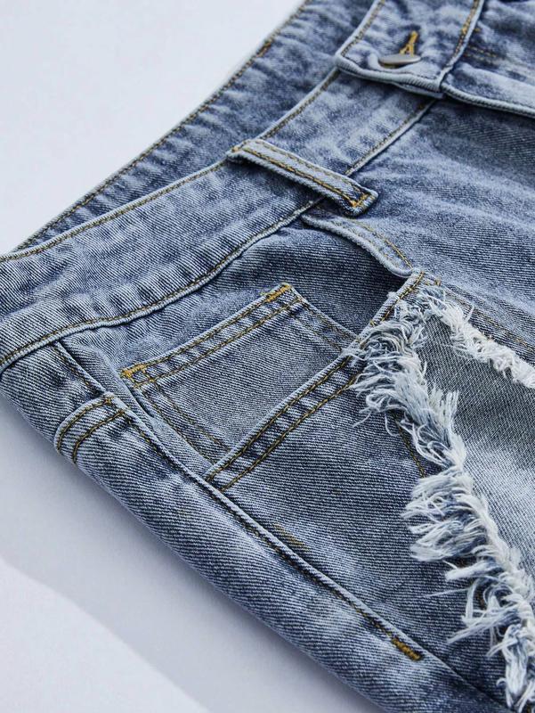 Frayed Hem Star Spring To Summer Pattern Wide Leg Jorts Denim Shorts with Pocket