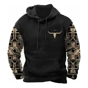 Aztec tribe retro cowboy jacket - A loose-fitting long-sleeved hooded sweatshirt with a patterned design resembling a bull's head. It features a drawstring design and is made of casual cotton fabric, suitable for streetwear.