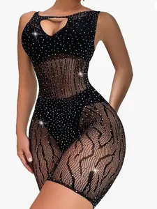 BOMBEX Women Sexy Sparkly Rhinestone Bodysuit - Rave Outfits Exotic Dancewear Mesh Fishnet Romper Cut Out Bodycon Jumpsuit