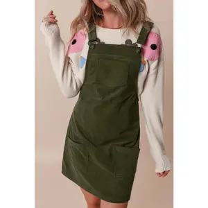 Vineyard Green Solid Front Pockets Sleeveless Corduroy Overall Dress