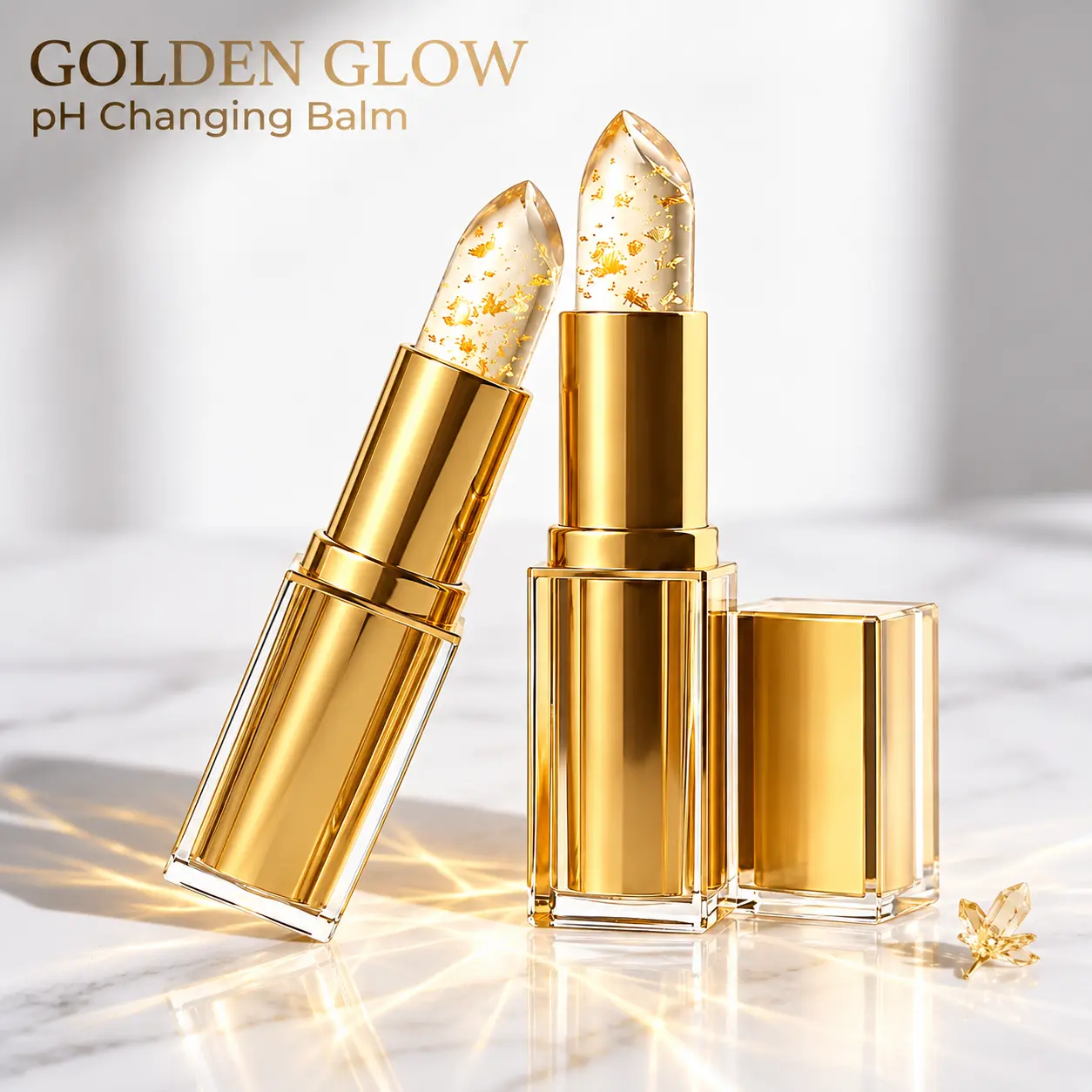 2Pcs Gold Foil Clear Jelly Lipstick, pH Temperature Color Changing Lip Balm, Smart Color Transferproof Tint, Deep Hydrating Lip Care with Natural Moisturizing Ingredients for a Personalized Pink Glow & Long-Lasting Makeup 3.5g
