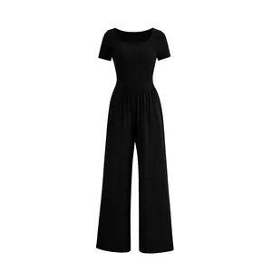 PrettyGarden Women's Summer One Piece Jumpsuits Dressy Casual Short Sleeve Square Neck Wide Leg Jumpsuit Rompers