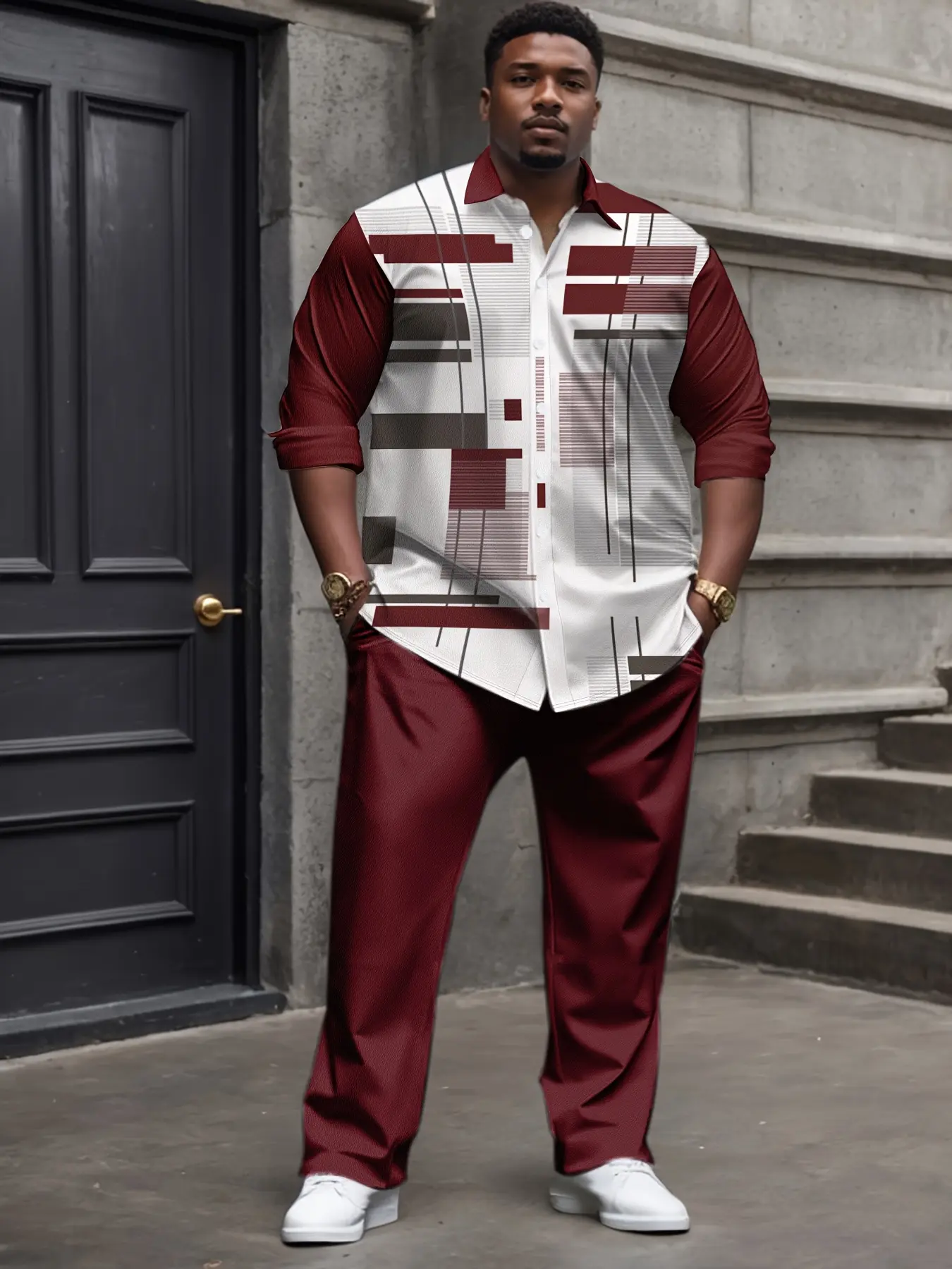 Geometric Men's Plus Size 2-Piece Classic Checkered Suit Set, Menswear Clothes - Stretch Long-Sleeve Button-Up Shirt, Matching Pants, Retro Check, V-Neck Lapel, Loose Fit for Casual & Formal Wear, Stylish, Collared, Men's 2 Piece Sets, Retro Geometric Che
