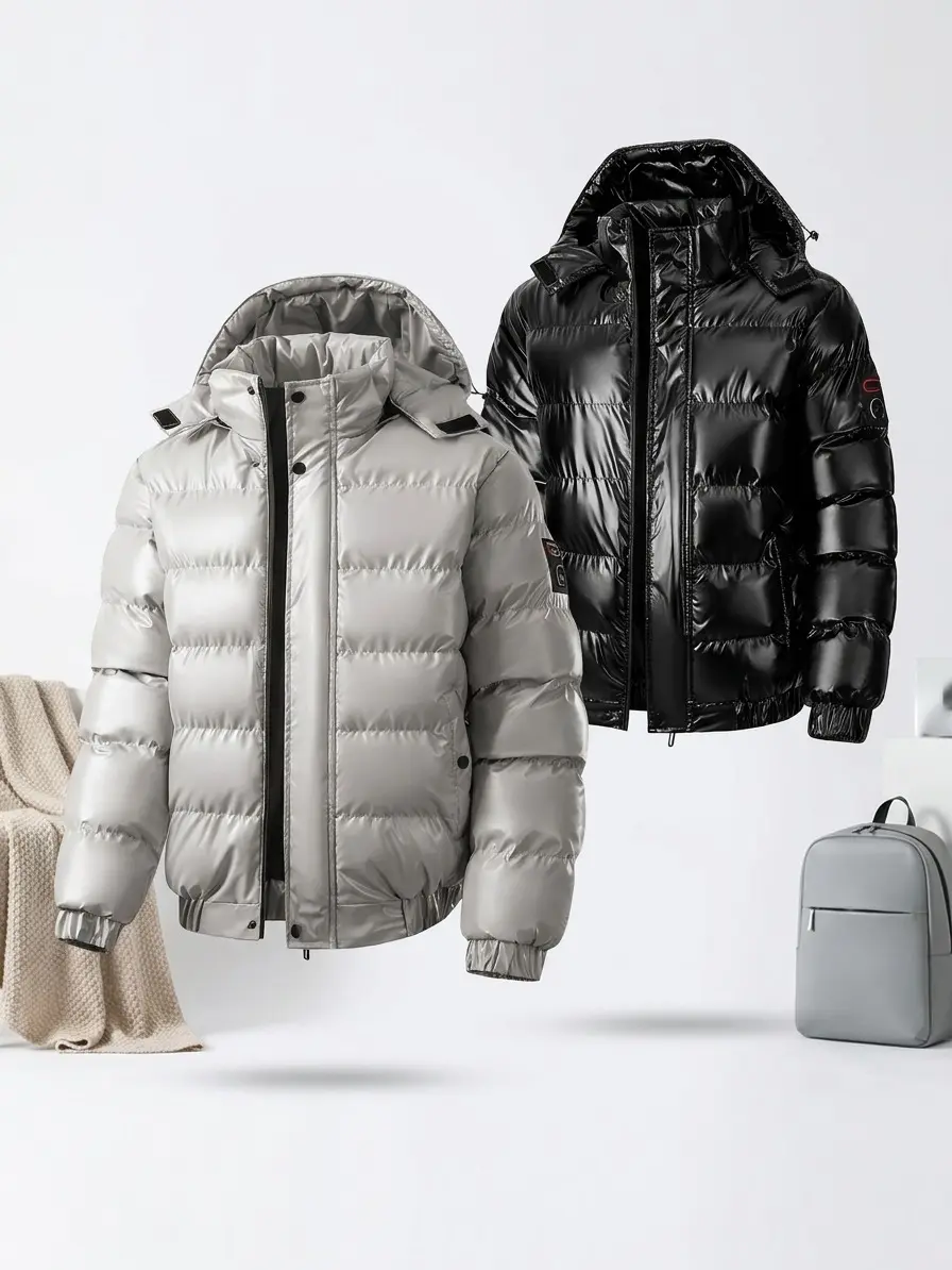 Men’s glossy leather hooded cotton jacket, thick and warm, trendy solid color winter outerwear, versatile cotton coat
