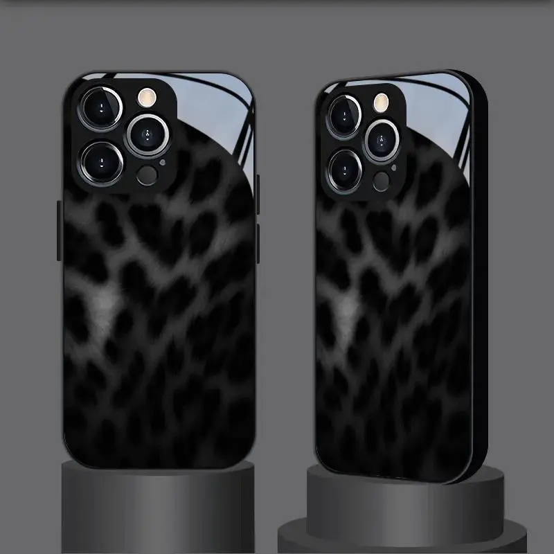 Phone Case: Black and Gray Leopard Print Pattern New Black Glass Phone Case for iPhone 11/11 Pro/11 Pro Max/iPhone 12/12 Pro/12 Pro Max/iPhone 13/13 Pro/13 Pro Max/iPhone 14/14 Plus/14 Pro/14 Pro Max/iPhone 15/15 Plus/15 Pro/15 Pro Max/iPhone 16/16