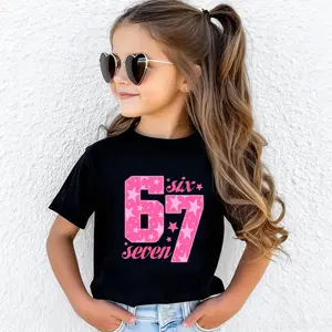 Girls And Boys Funny 67 Number Meme T-Shirt - Viral 6 & 7 Saying, Pink & Black Print Short Sleeve Shirt, Gen Z Gifts For Christmas/Halloween/Thanksgiving, Machine Washable Casual Wear With 67 Design Black Tee