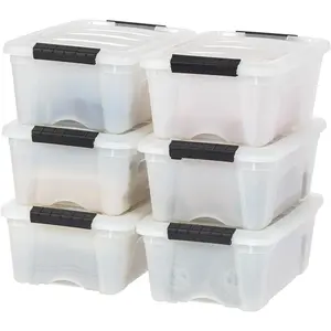 13 Qt Stackable Plastic Storage Bins with Lids, 6 Pack - BPA-Free, Made in USA - Discreet Organizing Solution, Latches, Durable Nestable Containers, Secure Pull Handle - Pearl Boxes Organiser