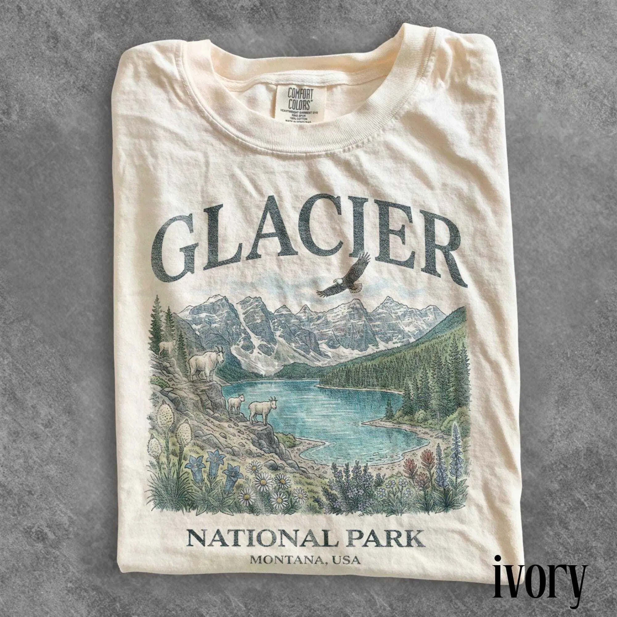 Women's Glacier National Park Graphic T-Shirt - 100% Cotton Vintage Loose-Fitting Oversized Short-Sleeve Top, Breathable Montana Travel Gift for Thanksgiving, Easter, Chinese New Year, Fast Shipping