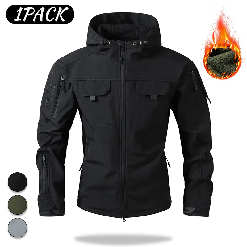 Men’s color-block tactical softshell jacket with fleece lining and hood for autumn/winter, windproof multi-pocket outdoor hiking hunting functional training apparel