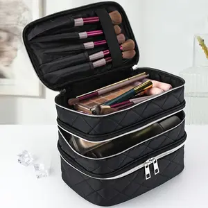 [Portable Multi-Layer Bag] Fashion Light Luxury Large Capacity Black Rhombus Makeup Bag, Three-Layer Double-Layer Multi-Layer Storage Bag, Portable Handbag for Home and Travel Use