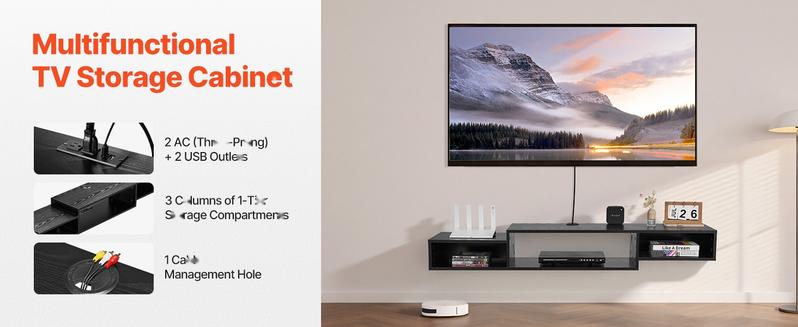 Floating TV Stand And 59-Inch Wall Mount Entertainment Center With Power Outlet And Cable Hole, Modern Floating TV Shelf With Built-In Storage Cabinet For DVD Player, Cable Box, Game Console, AV Equipment, Black