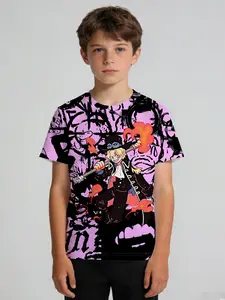 One Piece Sabo Kids Short Sleeve T-Shirt, Pink-Black Graffiti Cool Design, Cool Sabo, Crew Neck, Perfect for Daily Wear