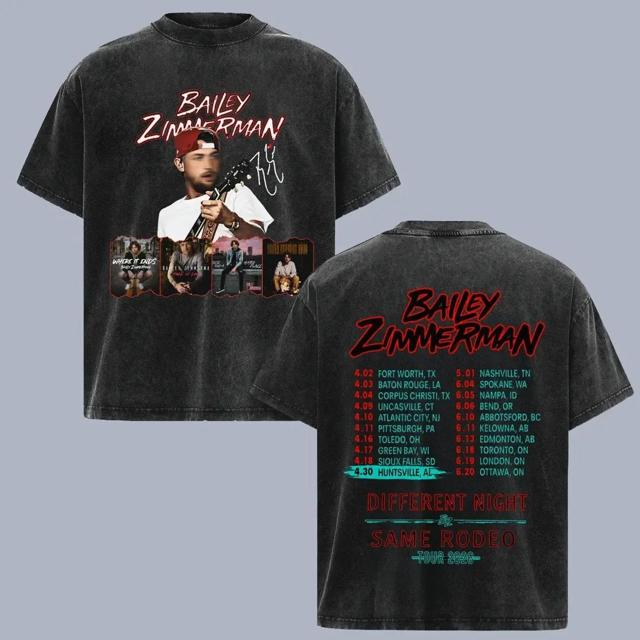 Bailey Zimmerman Different Night Same Rodeo Tour 2026 Vintage Washed T Shirt, Double Sided Country Music Graphic Tee, Album Cover Collage Concert Shirt, Retro Western Cowboy Merch, Oversized Heavyweight Unisex Fan Gift Tee for Country Music Lovers BKY