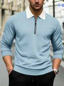 New men's spring and autumn classic plain polo collar long sleeve fitted sweatshirt, suitable for daily wear, vintage half zipper design, casual and versatile trend simple sweat, is a must-have item in men's wardrobe.