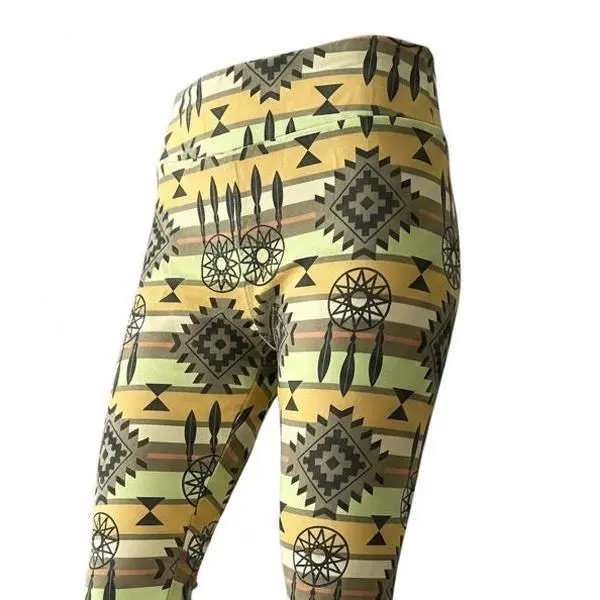 LuLaRoe Women's High Waist Long Leggings - Stretchy Buttery Soft Polyester-Spandex Fabric Clothes, Desert Sage Dream Catcher Allover Print, Body-Friendly Athleisure Bottoms, High Waist Leggings, Spandex Leggings