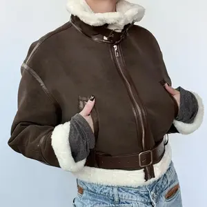 Women's Aviator Jacket with Shearling Lining – Winter Warm PU Coat Comfy Lightweight Outerwear Long Sleeve Casual