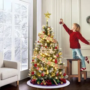 6 FT Artificial Christmas Tree, Christmas Tree with Decoration, Metal Base Easy Assembly for Home, Office, Party, Holiday Decor, Green Round Steel