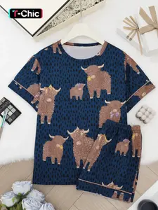 Women's All Over Sheep Print Tee & Shorts Pyjama Two-Piece Set, Pajama Set, Casual Comfy Round Neck Short Sleeve T-shirt & Shorts PJ Set, Ladies Summer Sleepwear, Sleepwear Pajamas Set