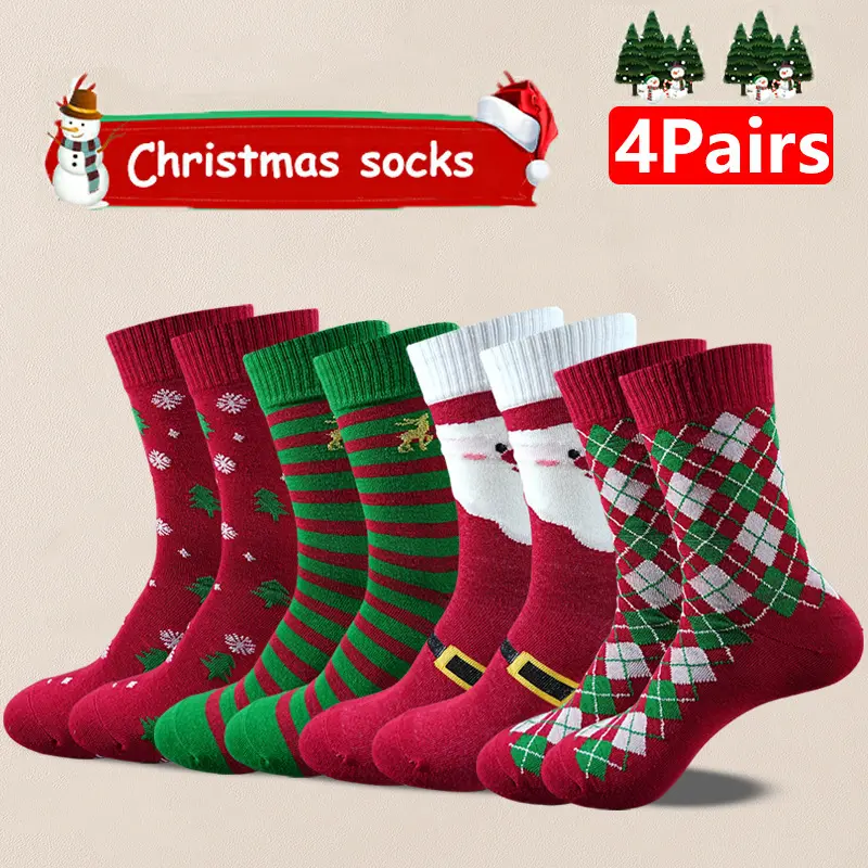 4 Pairs Plus Size Winter Mid Calf Christmas Socks Gift for Men and Women Cozy Warm Holiday Sock Gift Idea Comfortable Design Perfect for Christmas Parties and Seasonal Celebrations