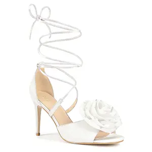BLISSFUL STEP Rhinestone Flower Lace Up Stiletto Heel Sandals for Women