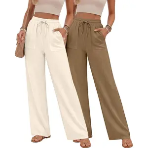 2 Pack Women's Linen Long Pants, Summer Drawstring Elastic Waist Flowy Straight Pant Casual Loose Beach Pant with Pocket