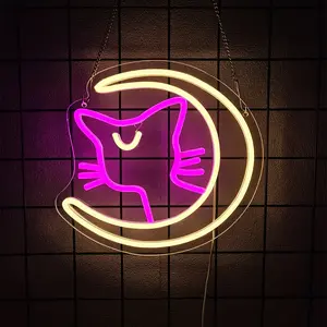 Cat & Moon Neon Sign, Personalized Neon Signs for Wall Decor, Signs for Game Room Sign Wall Art Arcade Decor, Bedroom, Living Room, Bars