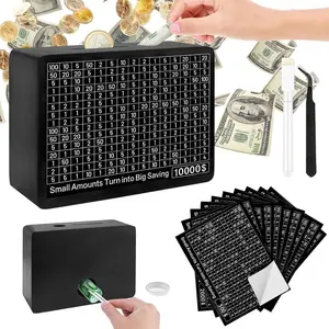 Wooden Money Box with 10 Saving Targets, Creative Coin Bank with 10000, 5000, 4000, 3000, 2000, 1000, 800, 500 Dollar or Euro Goals, Home Storage Organizer for Loose Change