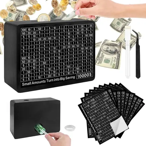 Wooden Money Savings Box with 10 Saving Targets, Creative Coin Bank with 10000, 5000, 4000, 3000, 2000, 1000, 800, 500 Dollar or Euro Goals, Home Storage Organizer for Loose Change, Saving Challenge Box, Cash Coin Jar