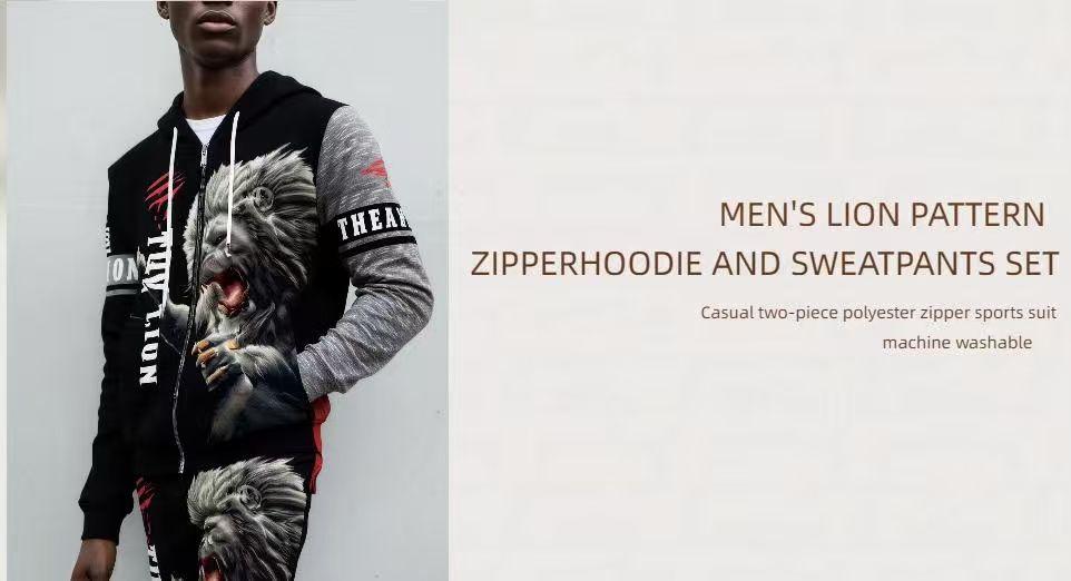 Men's Lion pattern zipper hoodie and sweatpants set - Casual 2-piece polyester zipper sweatshirt set, long sleeves, machine washable, suitable for spring/autumn