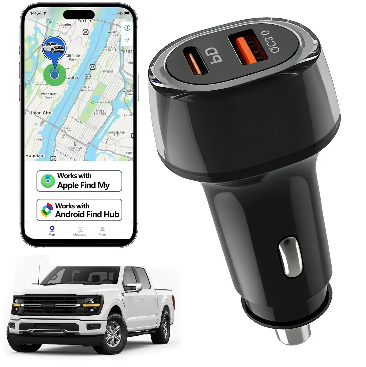 Car Tracker Charger, Vehicle Anti-Theft Locator for iOS & Android, Discreet 2-in-1 Design, Tracker in Charger, 12-V Port Adapater, Fast Charging, No Monthly Fee
