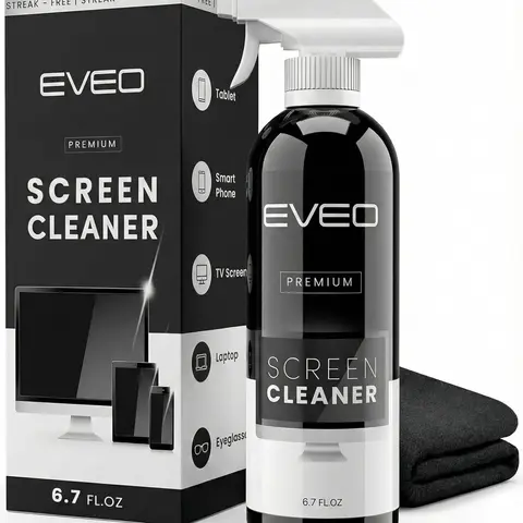 EVEO Streak-Free Screen Cleaner Kit (6.7oz, 1 Pack) - Scratch-Free Smudge Remover, Fingerprint Lifter, Static Guard, Dust Remover, Includes Cloth & Spray Bottle - Safe for OLED/QLED/LCD Displays of Cameras, Electronic Gadgets, Smartphone, TVs & Phones