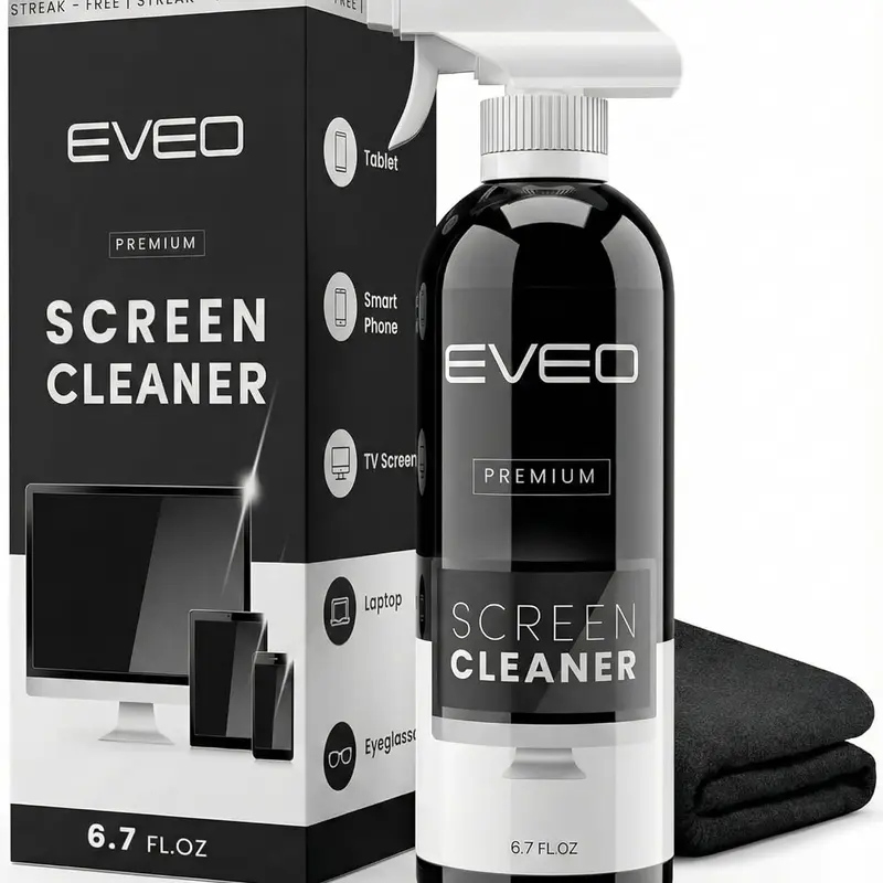 EVEO Streak-Free Screen Cleaner Kit (6.7oz, 1 Pack) - Scratch-Free Smudge Remover, Fingerprint Lifter, Static Guard, Dust Remover, Includes Cloth & Spray Bottle - Safe for OLED/QLED/LCD Displays of Cameras, Electronic Gadgets, Smartphone, TVs & Phones